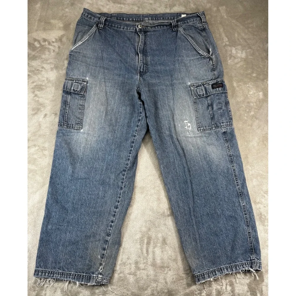 WRG Jean Co Cargo Jeans Mens 40x28 Blue Fair Distressed Frayed Hem Y2K Skater
